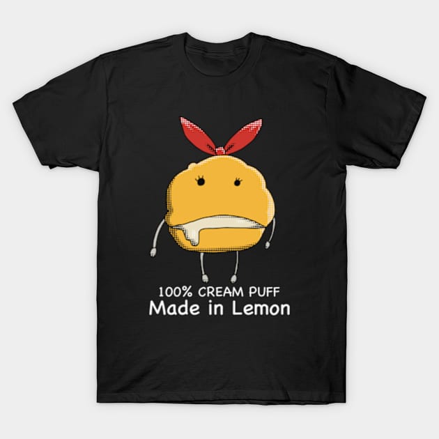 Mashle Anime 100% Made in Lemon Irvine Cream Puff Plush Lucky Charm given to Mash Burnedead in episode 8 in Pop Art Style Black and White Text T-Shirt by Animangapoi